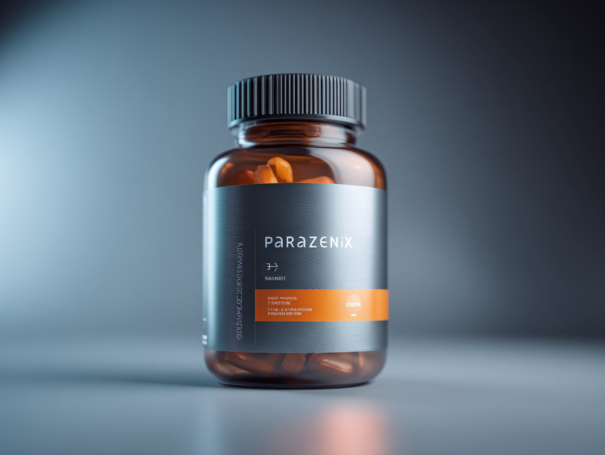 Parazenix természetes parazitatisztító készítmény semleges háttéren, professzionális csomagolásban